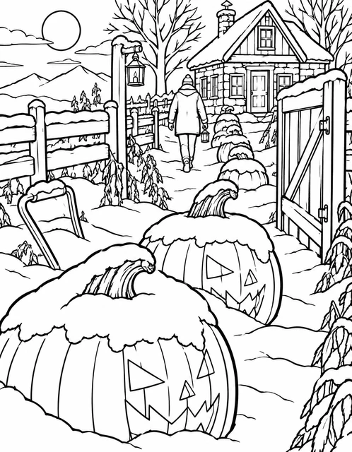Snow-covered jack-o'-lanterns along a path leading to a cozy cottage at sunset, coloring page.