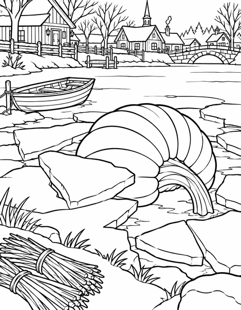 A giant pumpkin on cracked river ice near a village with a rowboat and bundled sticks, coloring page.