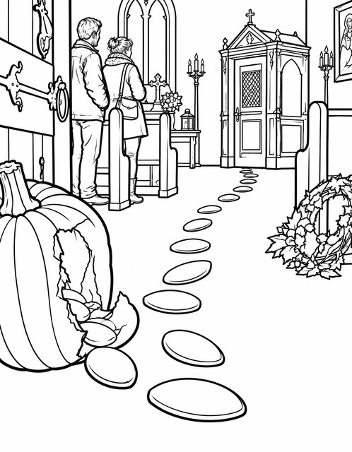 Broken pumpkin spilling seeds along a path into a cozy village chapel, coloring page.
