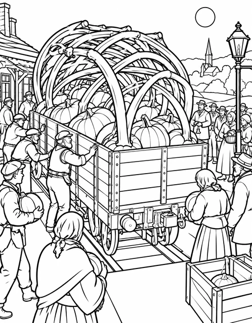 A wagon filled with pumpkins and rib-like arches at a village train station, surrounded by people, coloring page.
