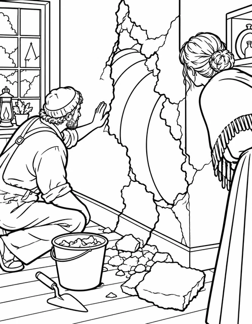 A giant pumpkin revealed behind a cracked wall as two villagers investigate, coloring page.