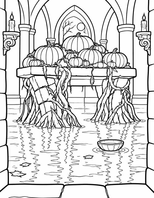 A stone altar piled with pumpkins in a flooded arched hall, with candles and moonlight, coloring page.