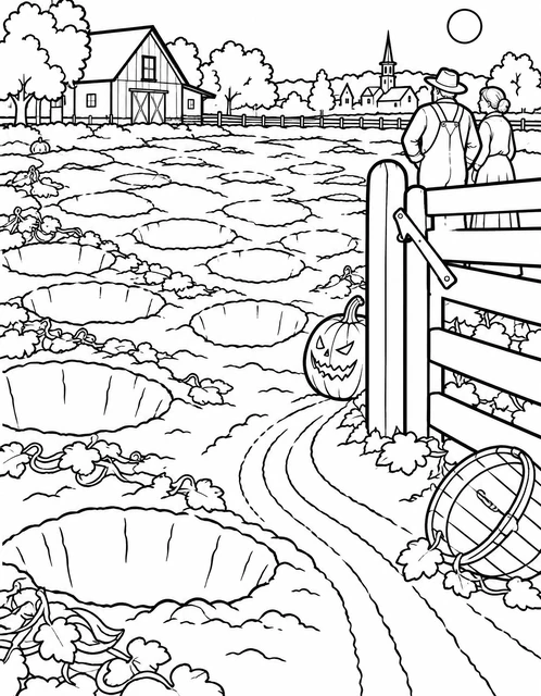 Pumpkin patch with empty vine holes, a jack-o'-lantern by a gate, and two people near a barn, coloring page.