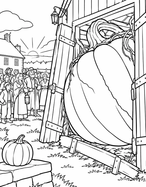 A massive pumpkin bursting from a barn as villagers gather at sunrise, coloring page